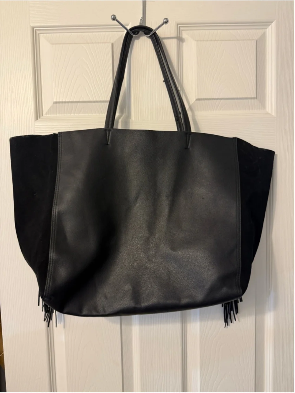 Victoria's Secret Black Faux Leather Fringe Tote Bag Large